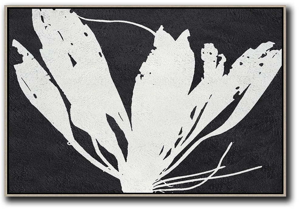 Hand-Painted Oversized Horizontal Minimal Art On Canvas, Black And White Minimalist Flower Art - Abstract Art Online Laundry Room Huge